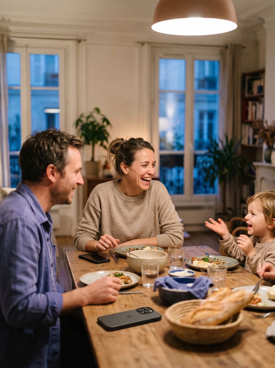 Une coach rit avec sa famille au dîner, téléphone posé sur la table